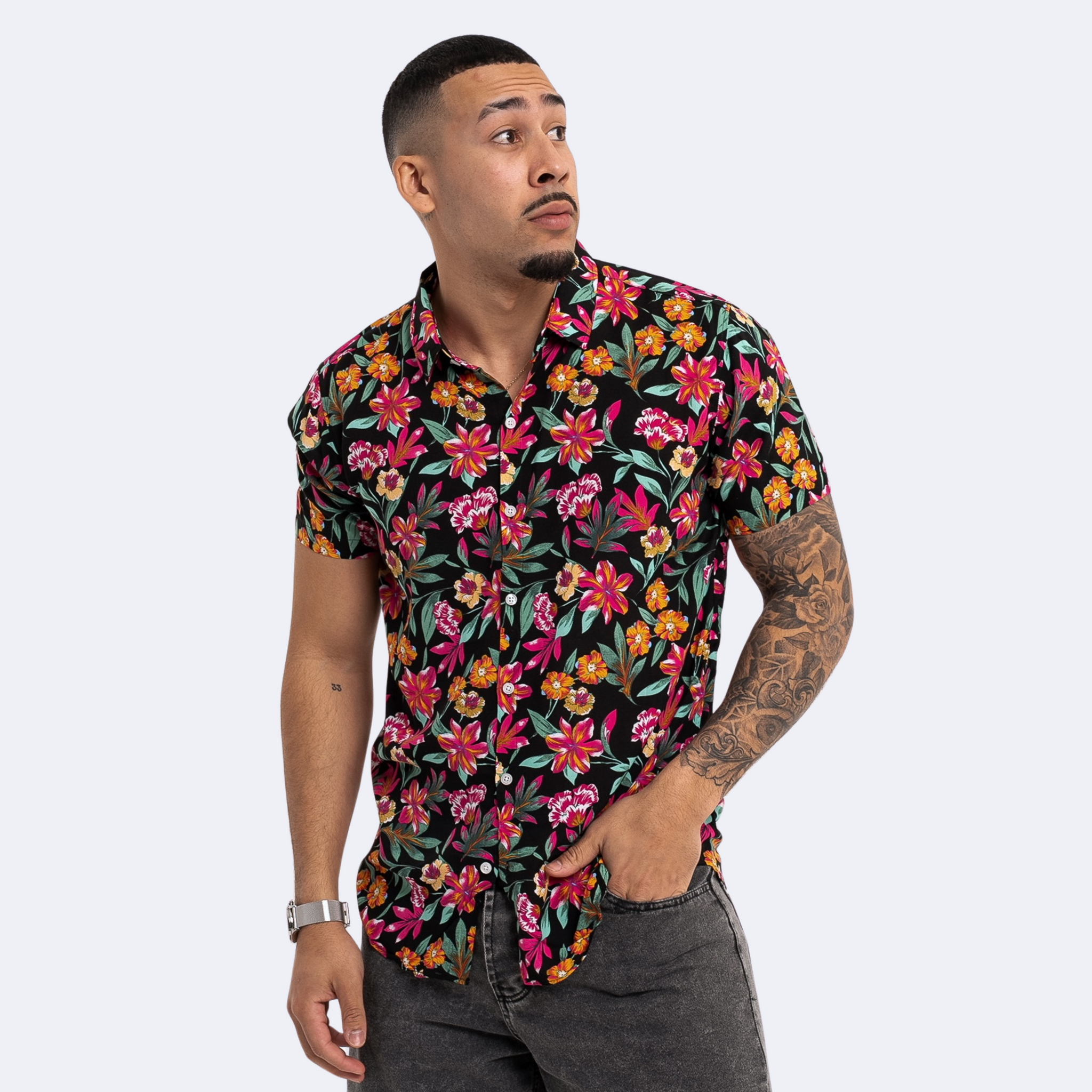 Camisa Viscosa Negra con Rosas