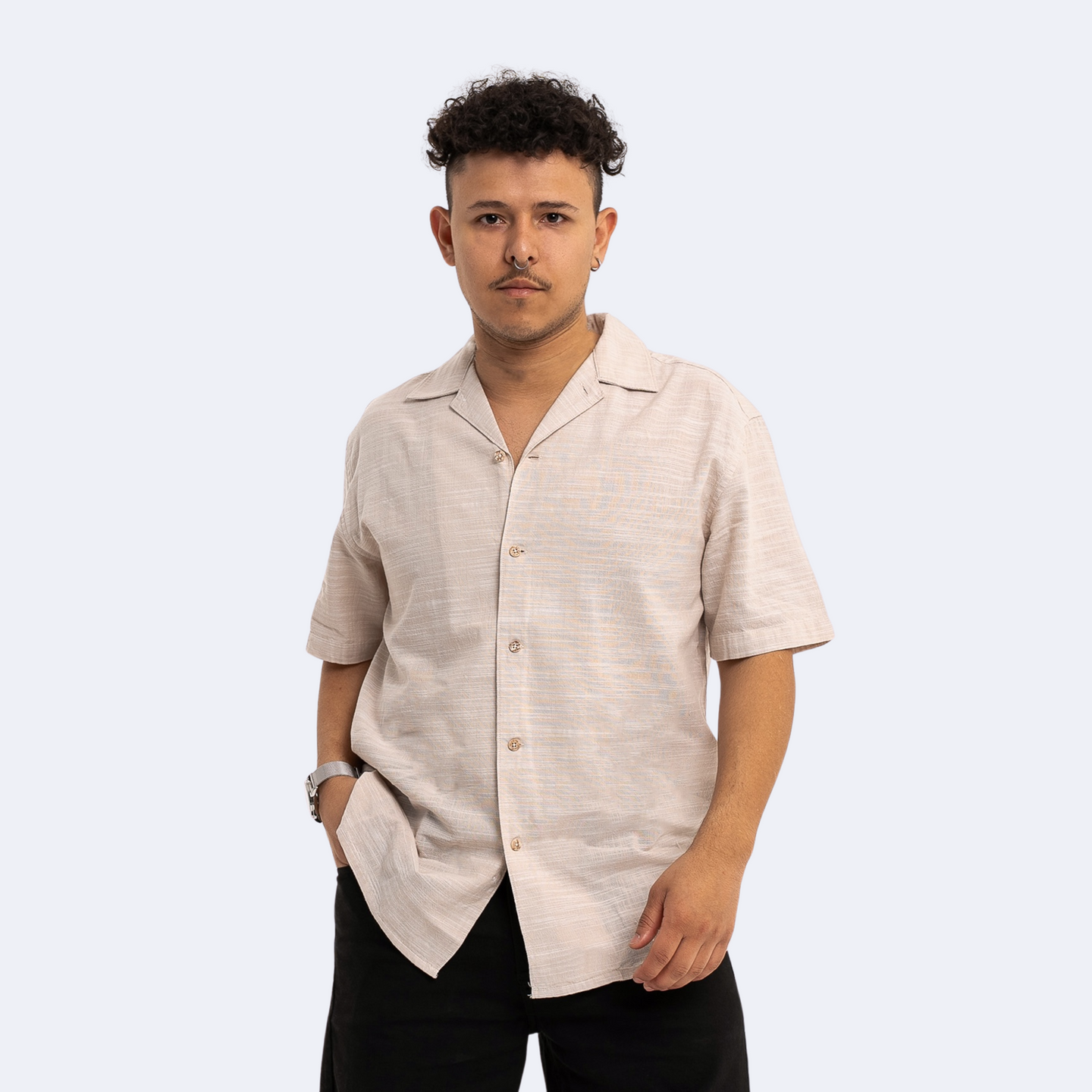 Camisa de lino Beige manga corta